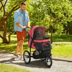 Red and black pet stroller with enclosed front mesh window and three-wheel frame