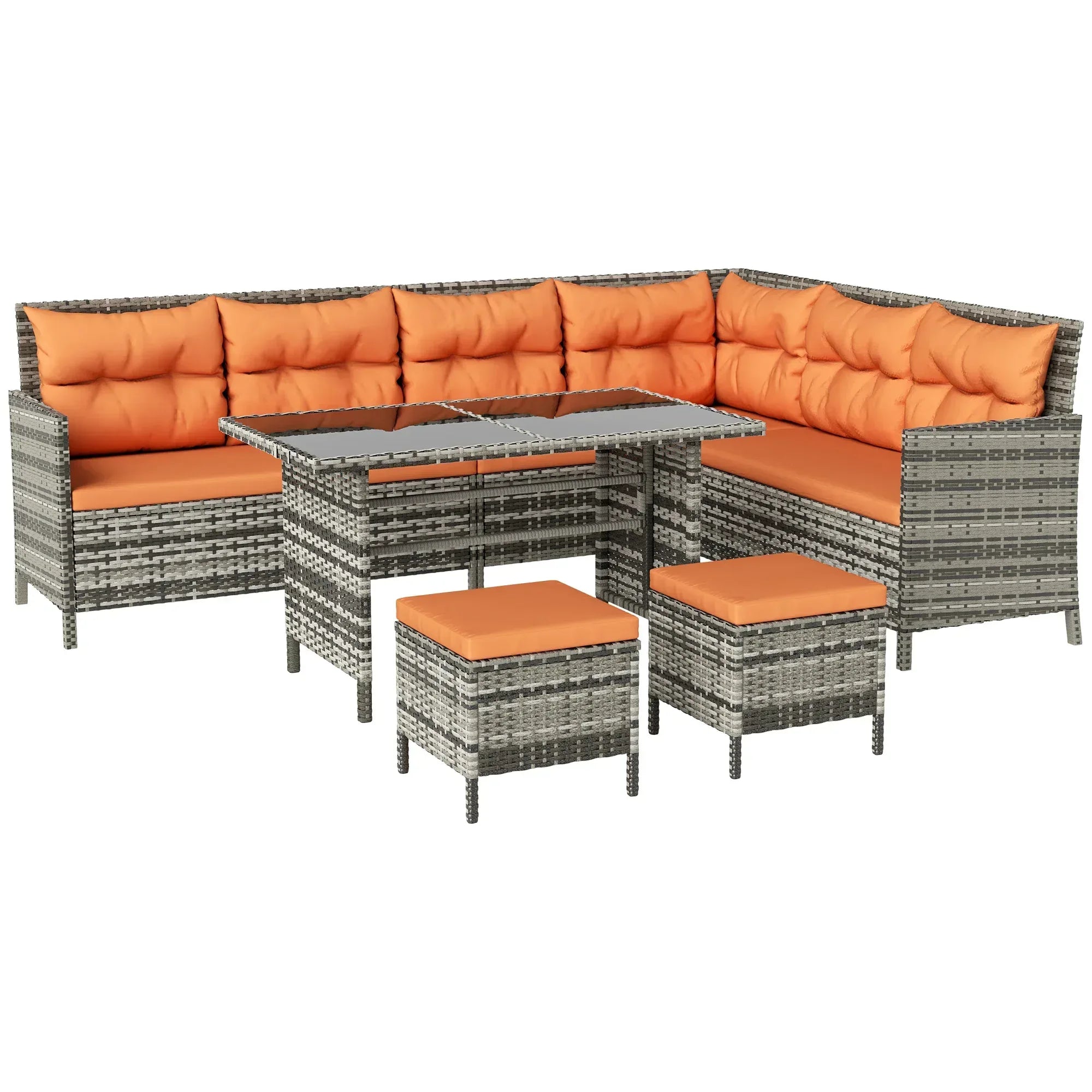 7-Seater Patio wicker Sofa Set Rattan Chair Furniture w/ Glass & Cushioned, Orange - Bobobiy