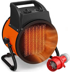 Orange and black electric space heater with glowing front ceramic fan grill and handle