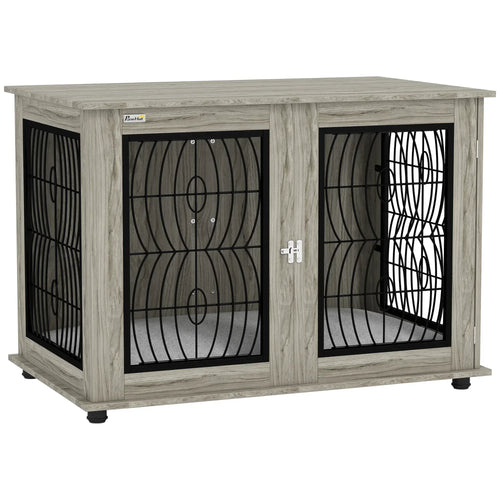 Grey dog crate furniture table with two black metal wire doors and lockable latch