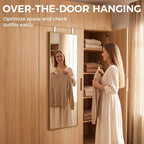 Over-the-door hanging mirror with gold-tone frame and adjustable hooks.