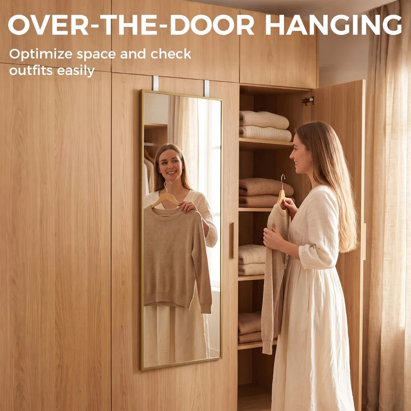 Over-the-door hanging mirror with gold-tone frame and adjustable hooks.