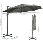 Grey cantilever parasol with open canopy, crank handle, cross base, and cover sleeve