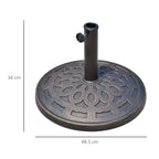 Dark bronze round resin parasol base with upright center pole, isolated view