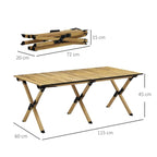 Portable camping table in compact folded form with natural wood-effect slatted top