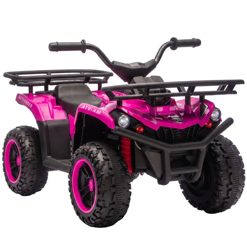 Pink kids electric quad bike with black frame, front headlights and pink wheel rims