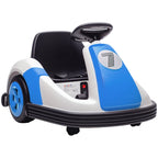 Blue and white kids bumper car ride-on with black steering wheel and front bumper