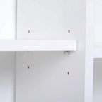 White bookcase back panel with small screw holes and metal mounting bracket
