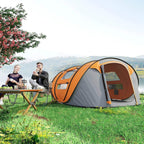Orange and dark gray pop-up family camping tent with dual front door openings