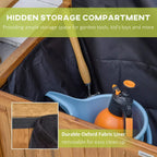 Hidden storage compartment with removable Oxford fabric liner inside natural wood bench