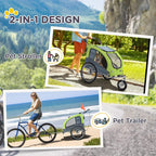 Green pet stroller and bike trailer with canopy, three wheels, and mesh side windows