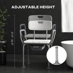 White adjustable shower stool with arms and backrest, padded seat and detachable bucket