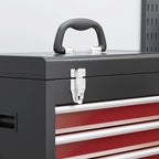 Tool storage chest close-up of top handle, metal latches, and red drawer front