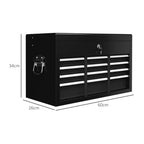 Black steel tool storage chest with six drawers, lock, and carry handle with dimensions