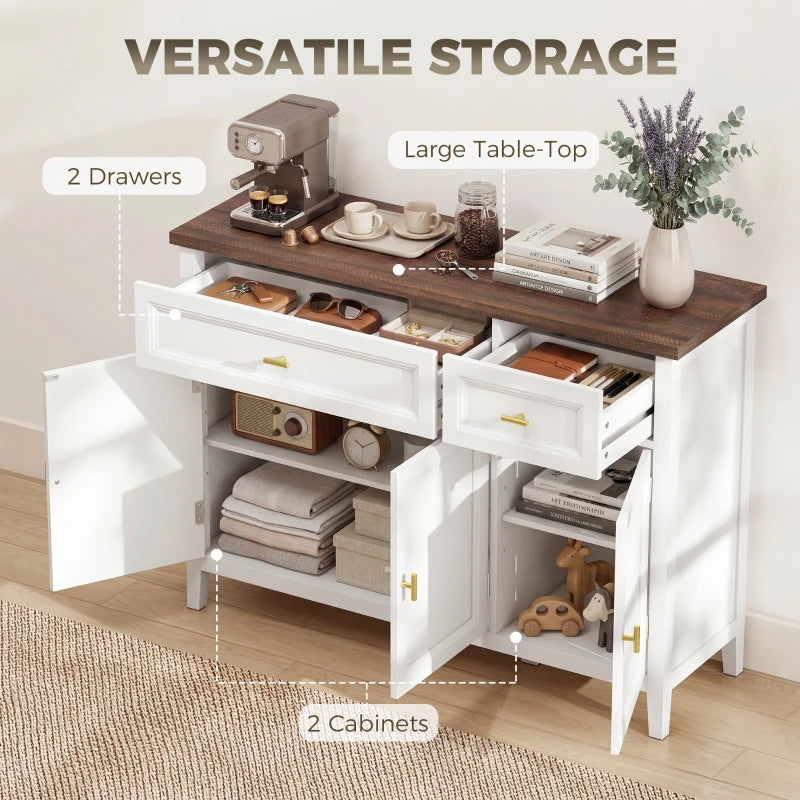 White sideboard with brown top, open drawers and cabinets with compartment storage.