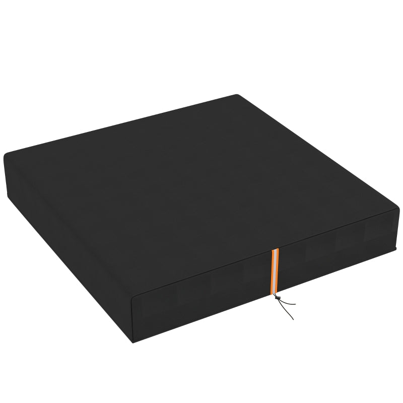 Black square sandbox cover with orange reflective strip and drawstring closure