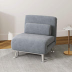 Grey velvet-look sleeper chair with arched backrest and ottoman-style seat