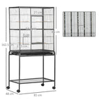 Large black bird cage with stand and bottom wire shelf; size diagram on white background