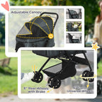 Grey pet stroller with adjustable canopy and wheels with brake, feature highlights shown.