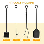 Black firewood rack tool set: broom, poker, tongs, and shovel with hanging hooks