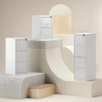 White steel drawer cabinet with four pull-handle drawers in a stacked layout