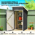 Dark gray outdoor storage shed exterior with open doorway and metal frame