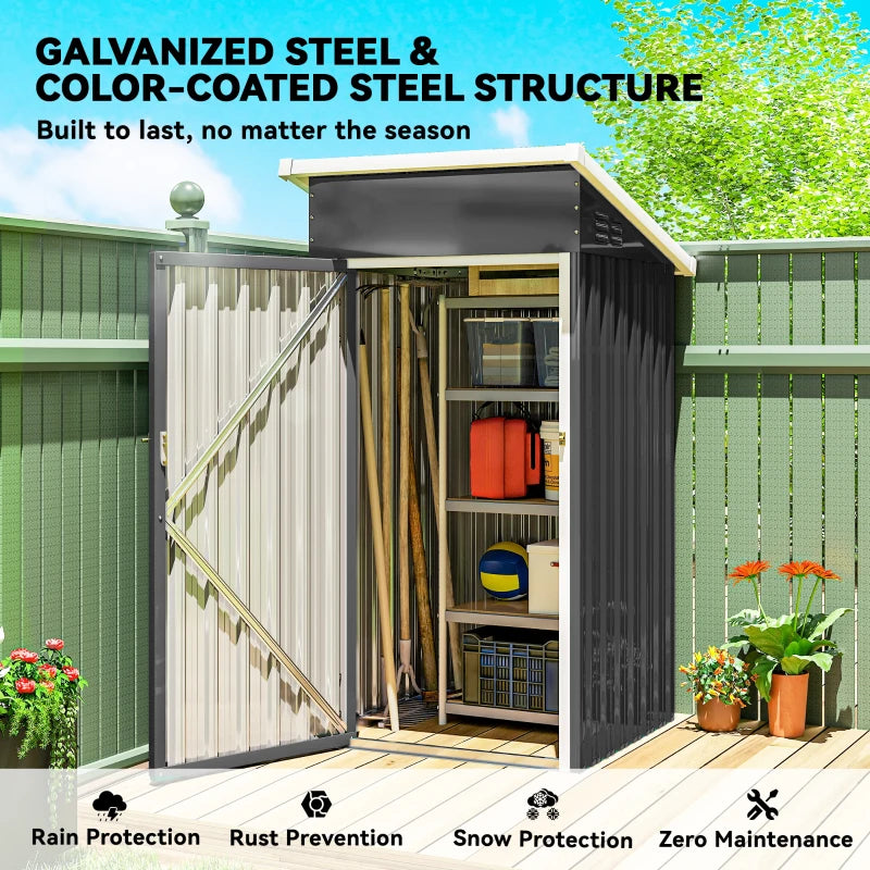 Dark gray outdoor storage shed exterior with open doorway and metal frame