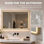 Gold-tone LED bathroom mirror with IP44 waterproof design and anti-fog protection.