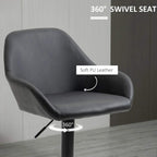 Black 360° swivel bar stool with soft PU leather seat, curved back, and armrests
