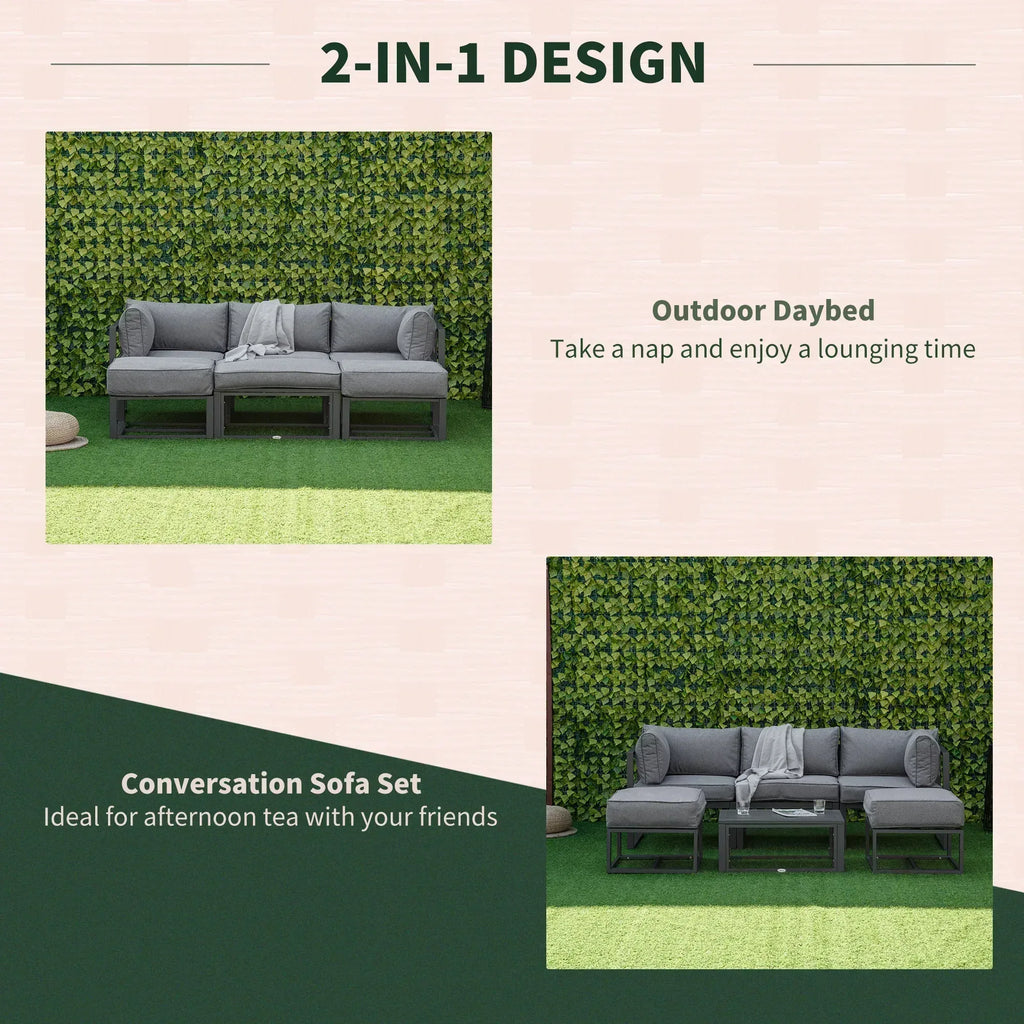 Garden Daybed, 6 Piece Outdoor Sectional Sofa Set, Aluminum Patio Conversation Furniture Set with Coffee Table, Footstool and Cushions, Grey - Bobobiy