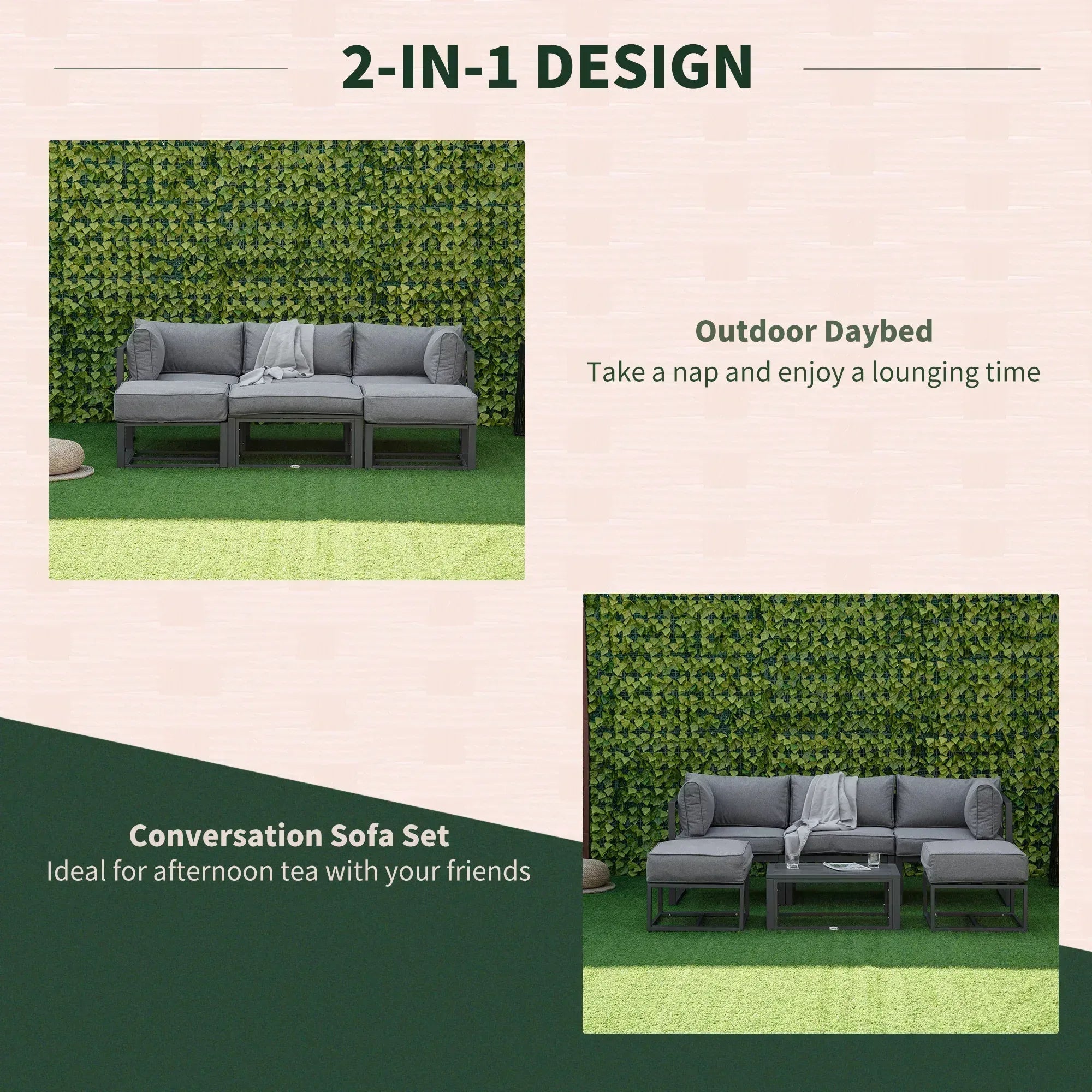 Garden Daybed, 6 Piece Outdoor Sectional Sofa Set, Aluminum Patio Conversation Furniture Set with Coffee Table, Footstool and Cushions, Grey - Bobobiy