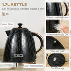 Black 1.7L electric kettle with water level indicator, spout filter, and auto shut off