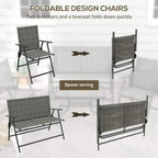 Foldable armchairs and loveseat in dark brown metal with woven high backs