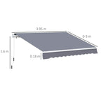 Grey retractable awning with scalloped front valance and size markings