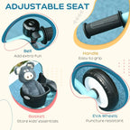 Kids tricycle with adjustable seat detail, bell, basket, and EVA puncture-resistant wheels