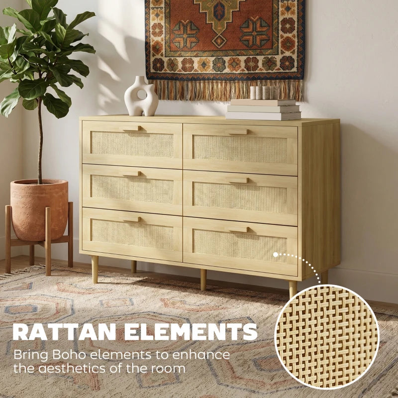 Light oak 6-drawer dresser with rattan drawer inserts and straight wooden legs.