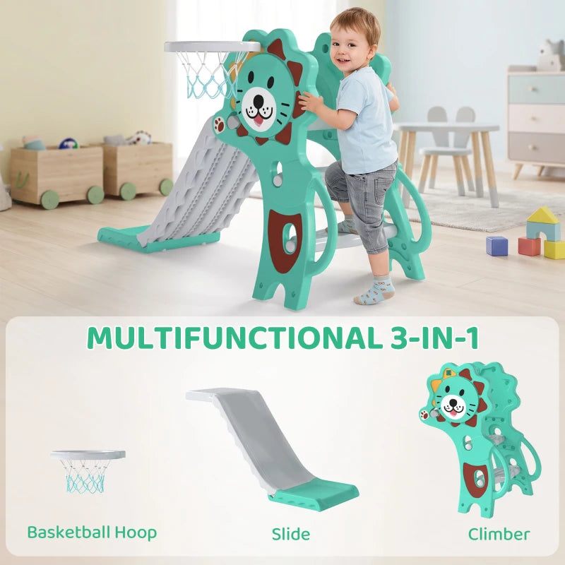 Lion-themed kids slide and climber with basketball hoop, with child using the steps