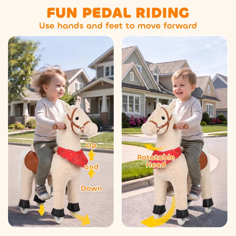 Light brown pedal ride-on horse toy with rotatable head and red skirt
