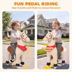 Light brown pedal ride-on horse toy with rotatable head and red skirt