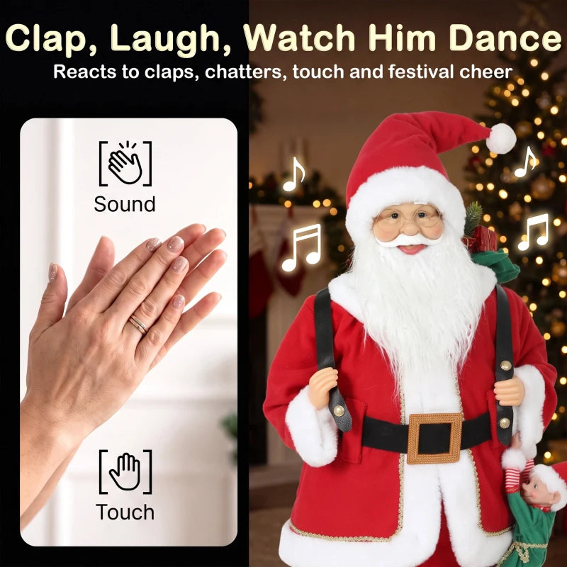 Red Santa figurine with white beard and black belt, holding green sack