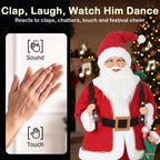 Red Santa figurine with white beard and black belt, holding green sack