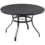 Black round outdoor dining table with slatted metal top and center parasol hole