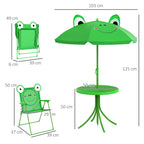 Kids picnic table and chair set with green parasol, round table and two frog chairs—dimensions