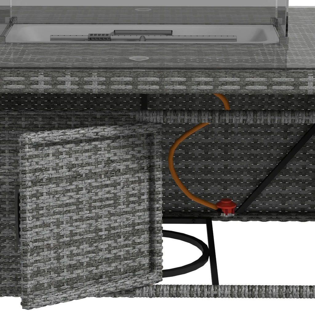 7 Pieces Outdoor Rattan Garden Furniture with Fire Pit Table, 6 Seater Garden Table and Chairs with Cushions, Rattan Dining Set with Propane Heater Table, Windscreen, 50,000 BTU, Grey - Bobobiy