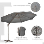 Dark grey cantilever umbrella with vented canopy, Velcro strap, and eight ribs