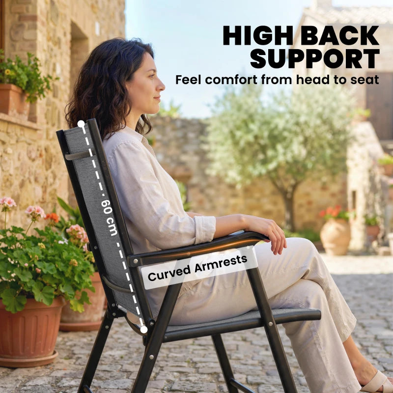 High-back folding garden chair with light gray texteline back and curved armrests