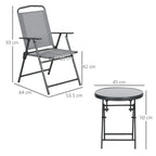 Light grey folding garden chair and round glass-top side table with measurements
