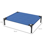 Blue elevated pet bed on black metal legs with corner straps and support frame