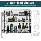 Open bathroom mirror cabinet showing three fixed shelves for toiletries organization