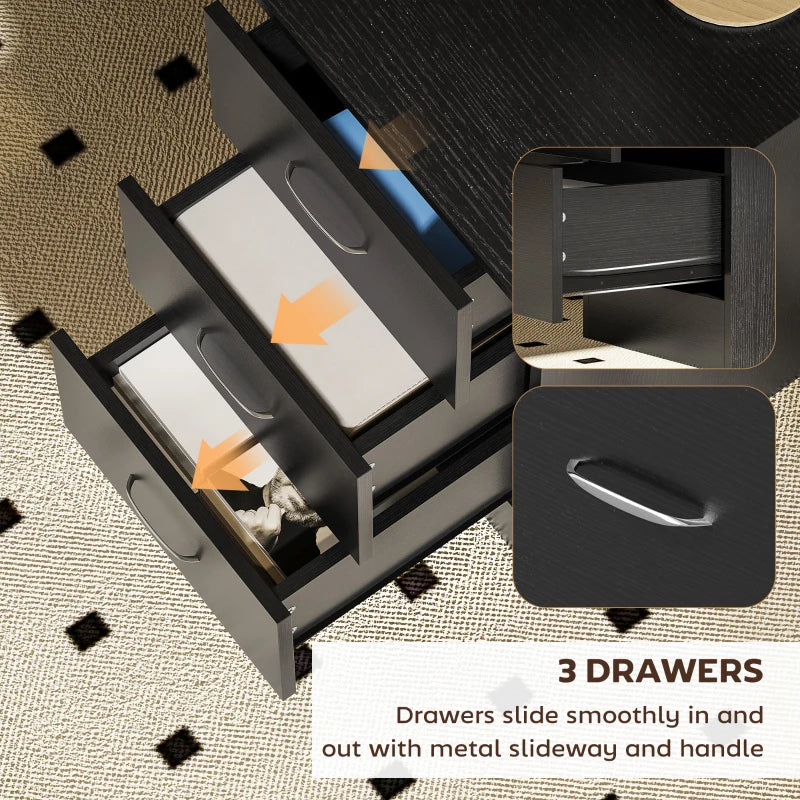 Black desk drawer detail with metal side slides and pull handle